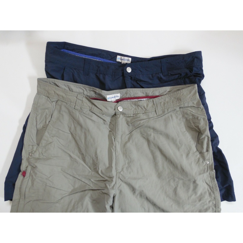 Lot of 2 TravelSmith Mens Shorts Khaki and Blue Flat Front Stretch Mens Size 42‎